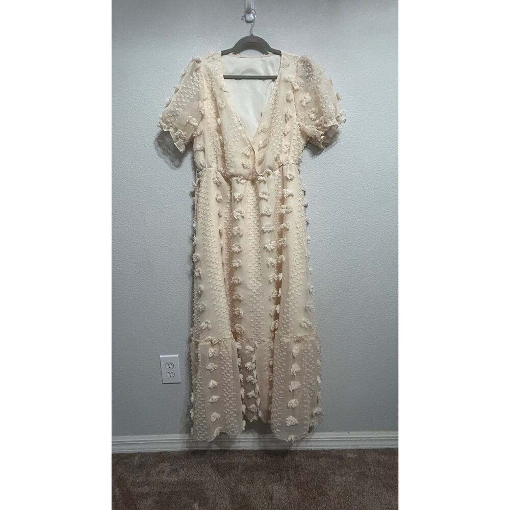 SHEIN Cottagecore Curve V-Neck Jacquard Puff Sleeve Tie Front Cream 3D Dress 1X - Picture 2 of 9